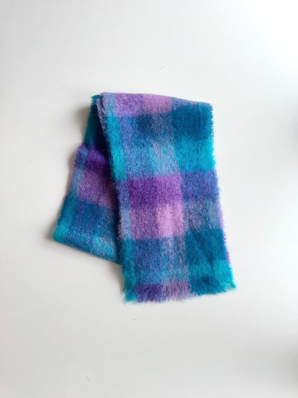 Vintage NETHY Made in Scotland Blue Purple Check Mohair Wool Rectangle Scarf